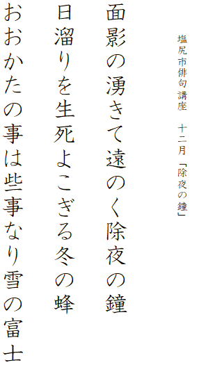 


　　　塩尻市俳句講座　十二月「除夜の鐘」




面影の湧きて遠のく除夜の鐘

日溜りを生死よこぎる冬の蜂

おおかたの事は些事なり雪の富士