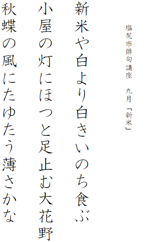 


　　　塩尻市俳句講座　九月「新米」




新米や白より白きいのち食ぶ

小屋の灯にほつと足止む大花野

秋蝶の風にたゆたう薄さかな