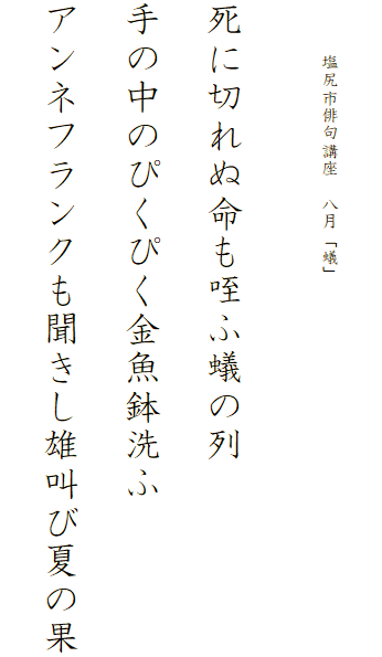 


　　　塩尻市俳句講座　八月「蟻」




死に切れぬ命も咥ふ蟻の列

手の中のぴくぴく金魚鉢洗ふ

アンネフランクも聞きし雄叫び夏の果
