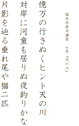 


　　　塩尻市俳句講座　七月「天の川」




億万の行きぬくヒント天の川

対岸に河童も居りぬ夜釣りかな

片影を辿る垂れ尾や猫二匹